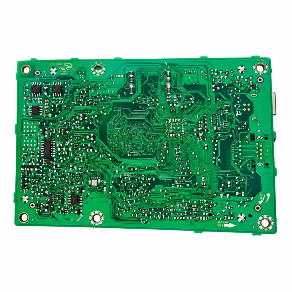 Placa de circuito verde sobre blanco.webp