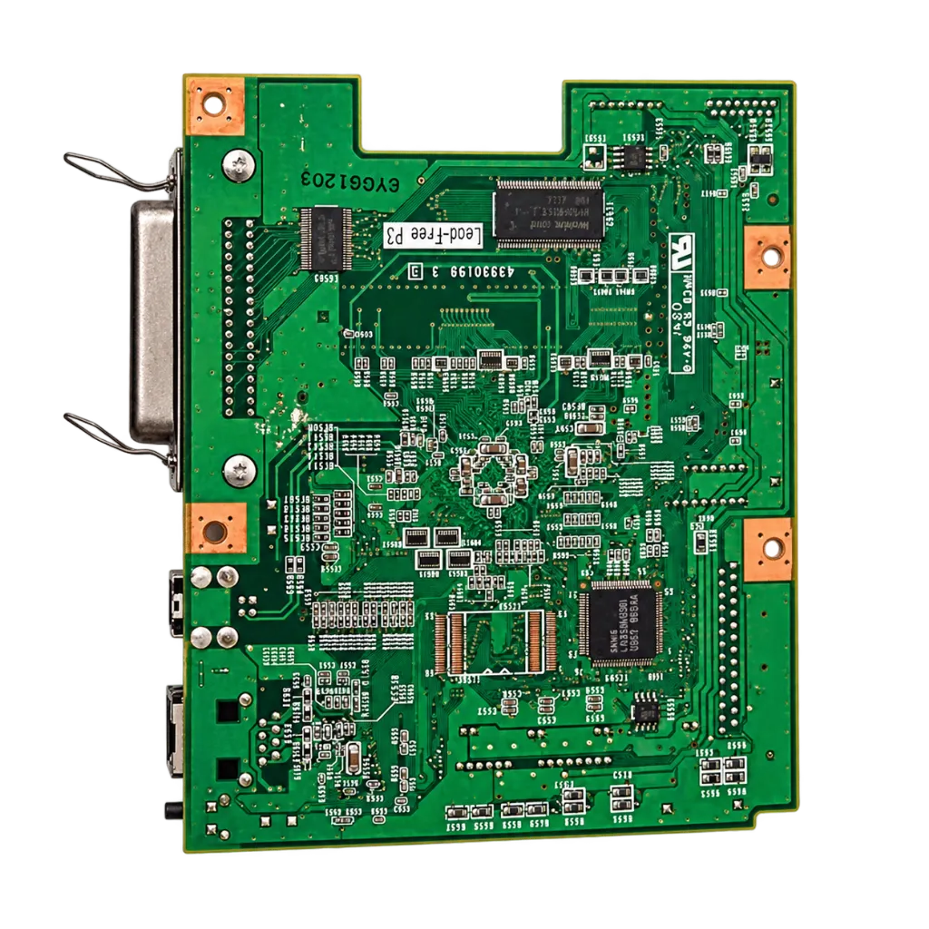 Placa PCB verde con conector metálico.webp