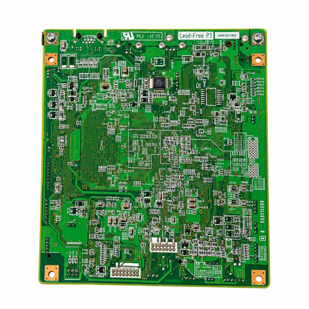 Placa de circuito impreso verde sobre fondo blanco.webp
