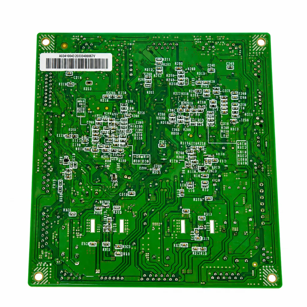 Placa de circuito verde sobre fondo blanco.webp