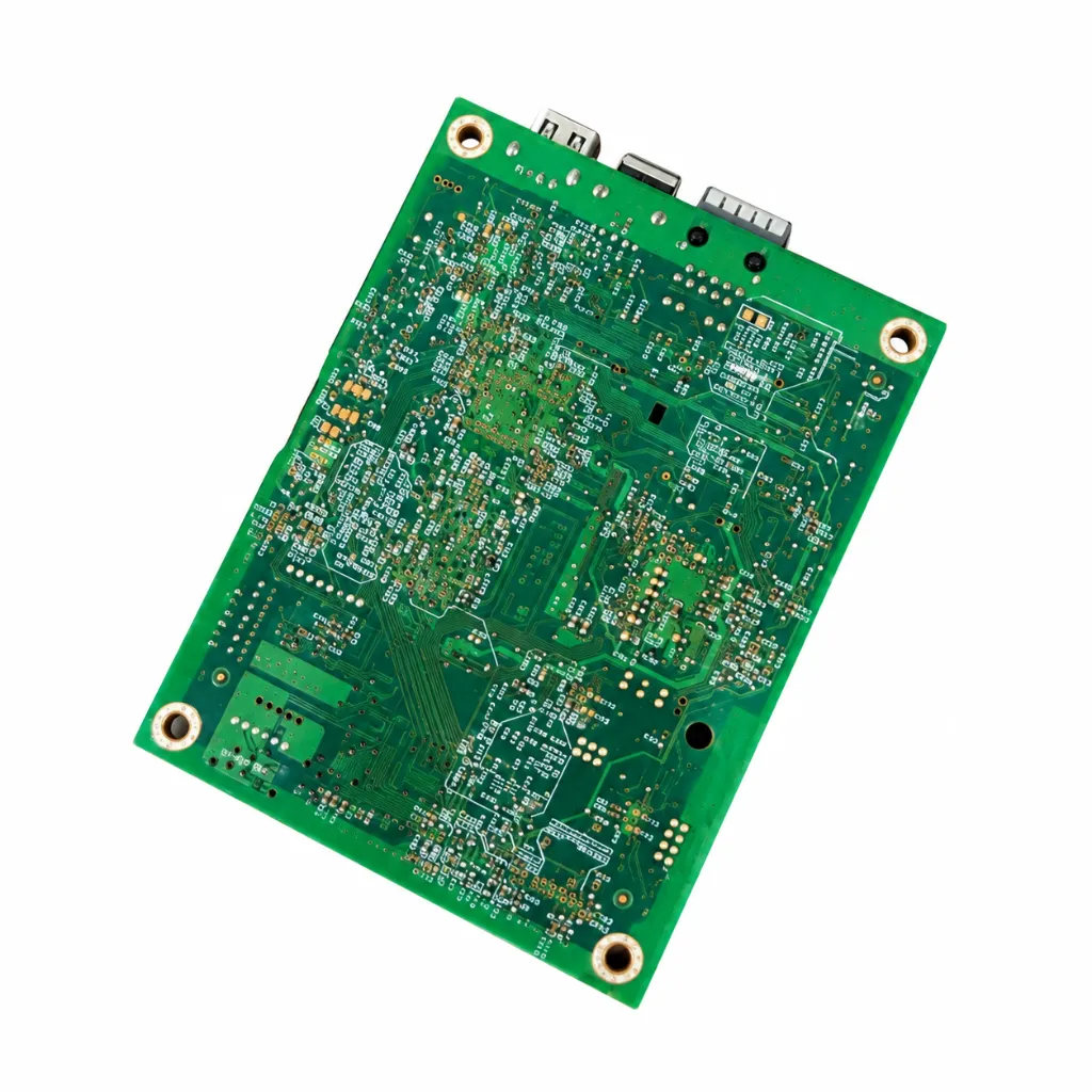 Placa de circuito verde en diagonal.webp