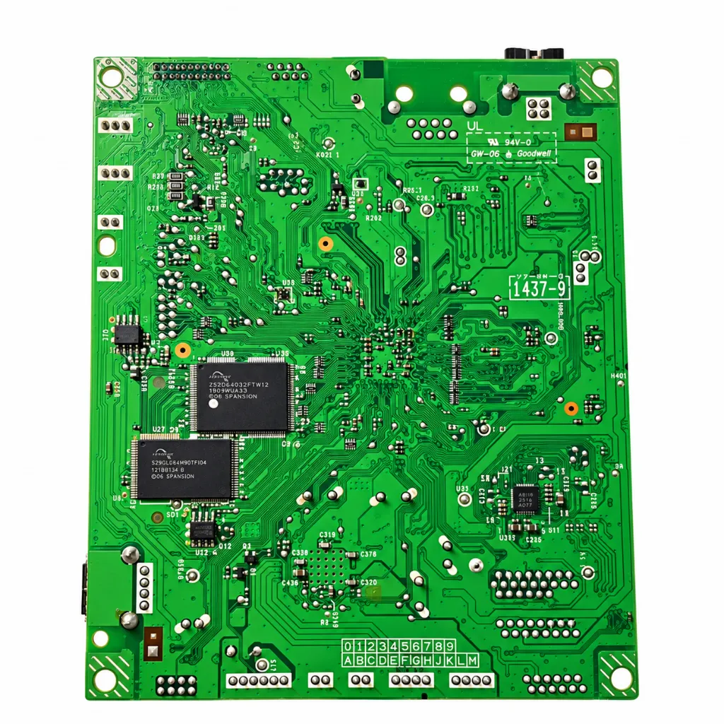 Placa de circuito verde detallada.webp