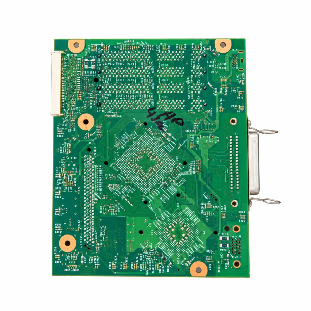 Placa de circuito impreso verde sobre blanco.webp