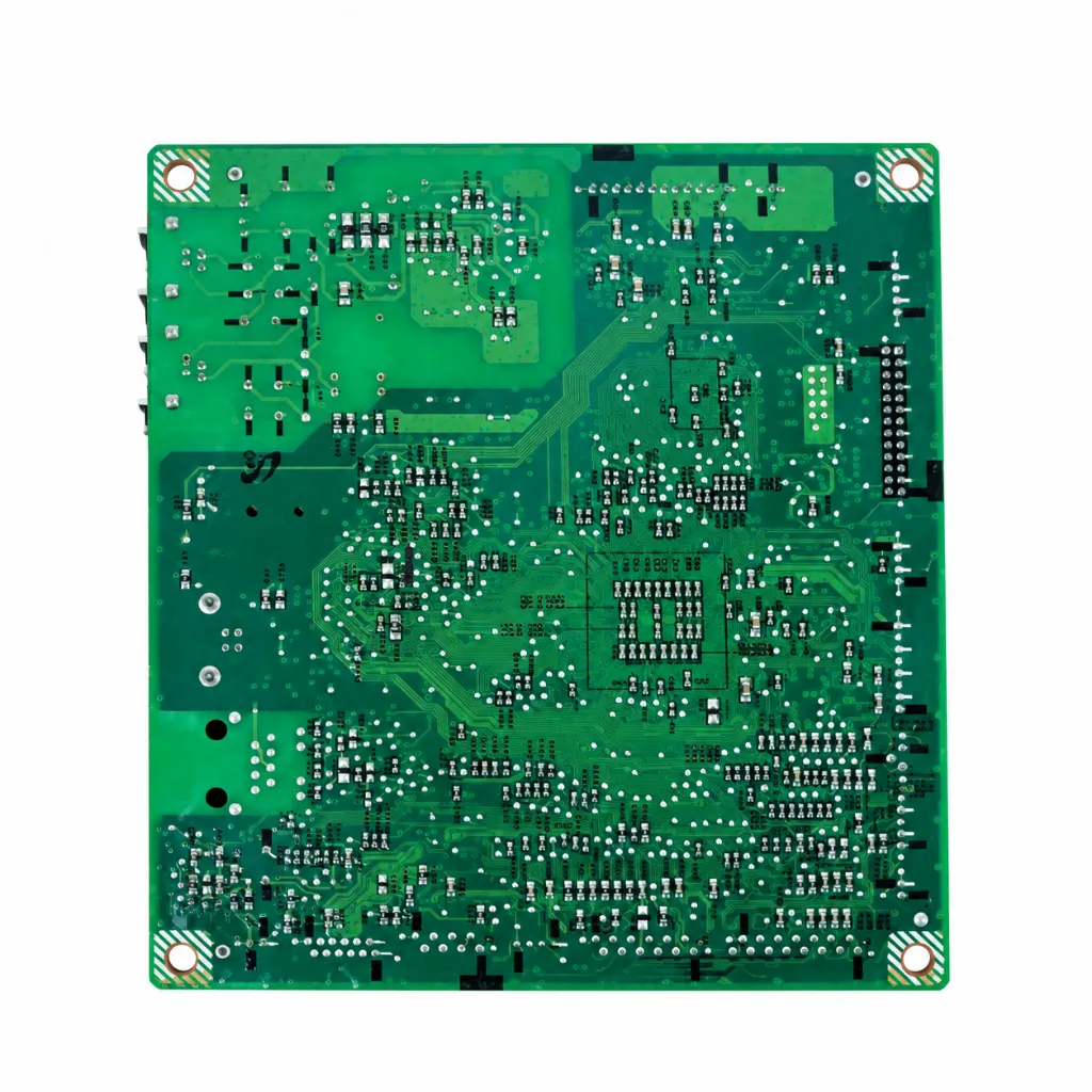 Placa de circuito verde sobre fondo blanco.webp