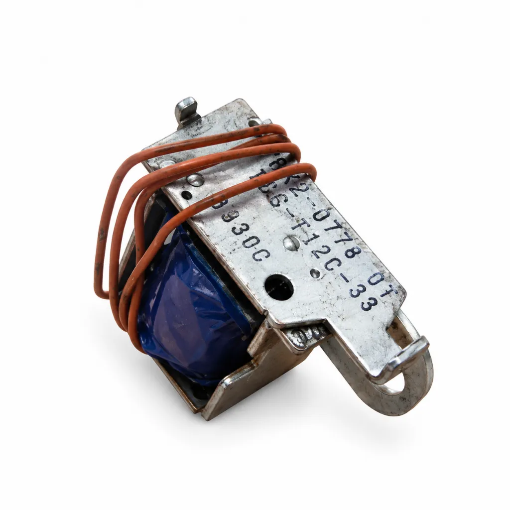 Solenoide industrial desgastado sobre fondo blanco.webp