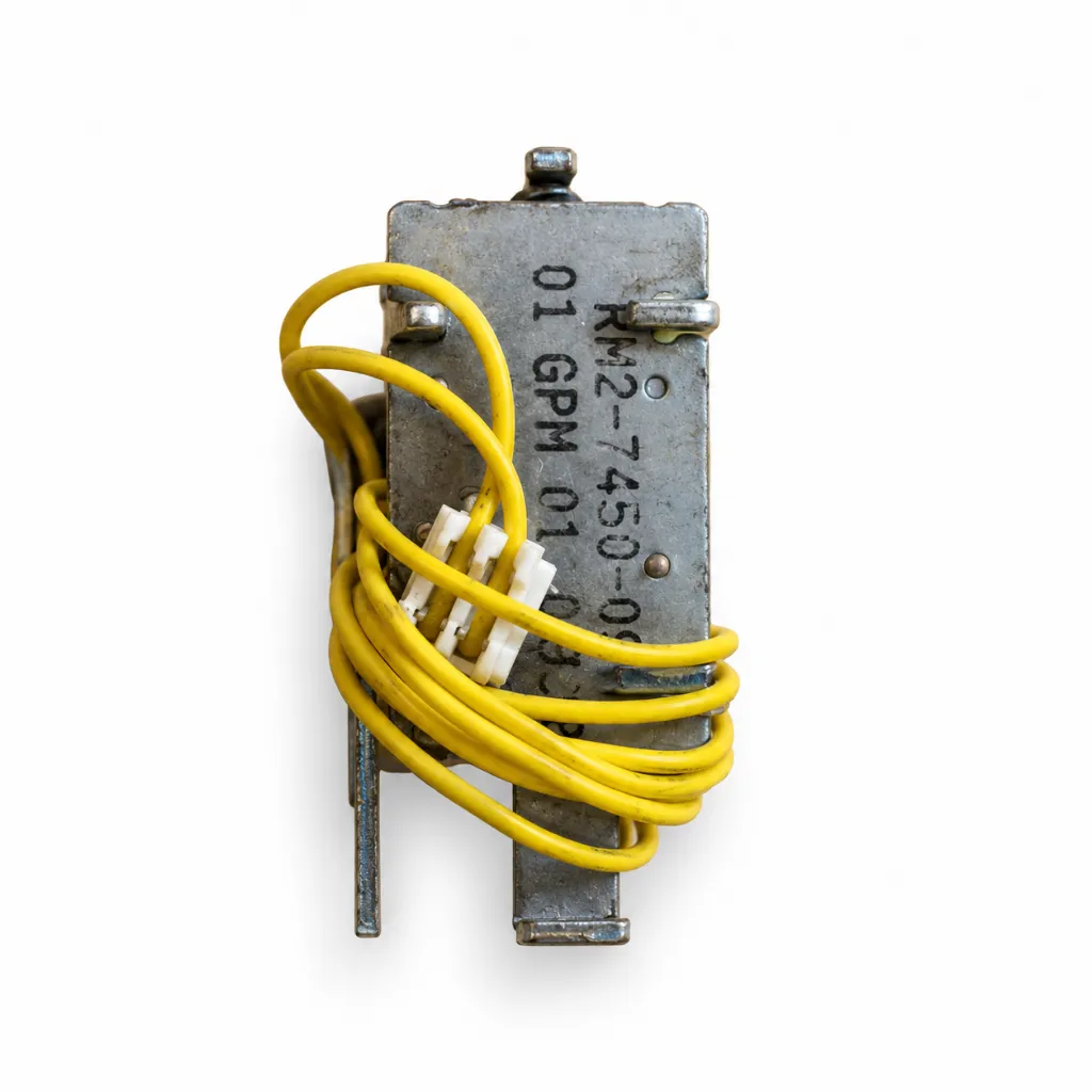 Módulo solenoide metálico con cables amarillos.webp