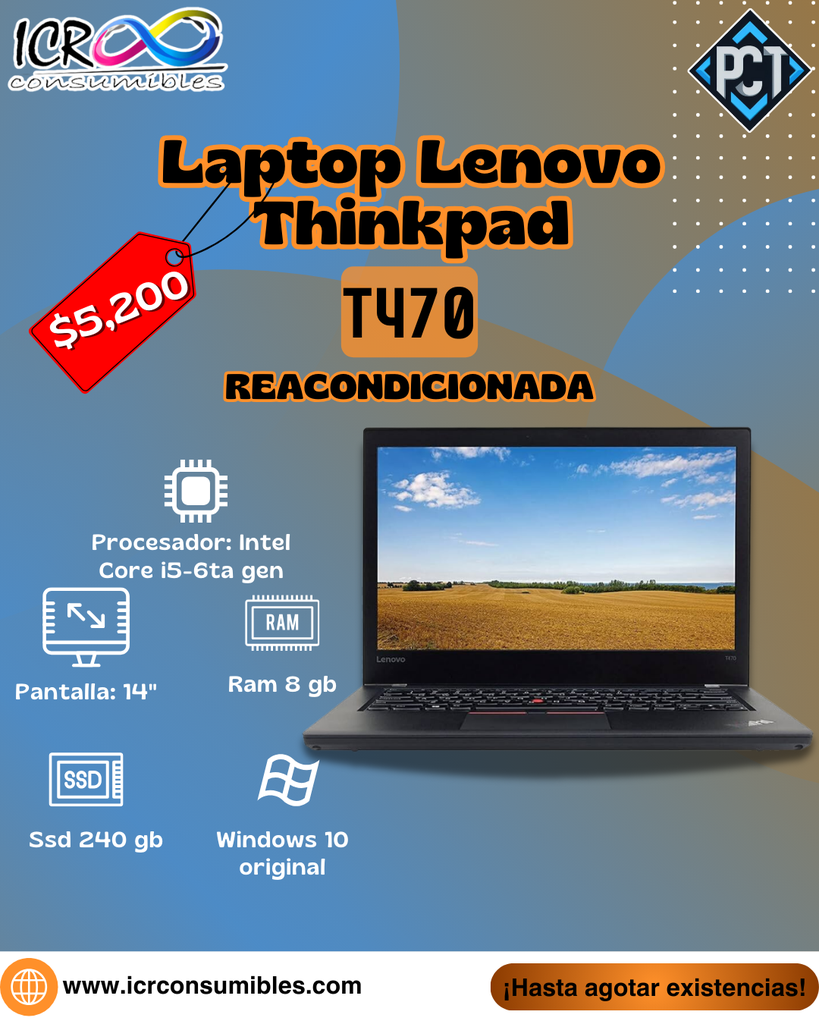 Laptop Lenovo T470 reacondicionada Intel Core i5-6500U SSD 240 Gb 8 Gb Ram