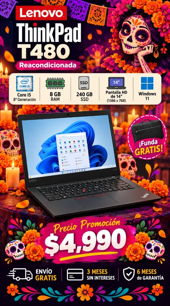Laptop Lenovo T480 reacod corei5 Octava Generacion SSD 240 Gb 8 Gb Ram Windows11 funda gratis 3 meses sin intereses 6 meses de garantia Envio Gratis
