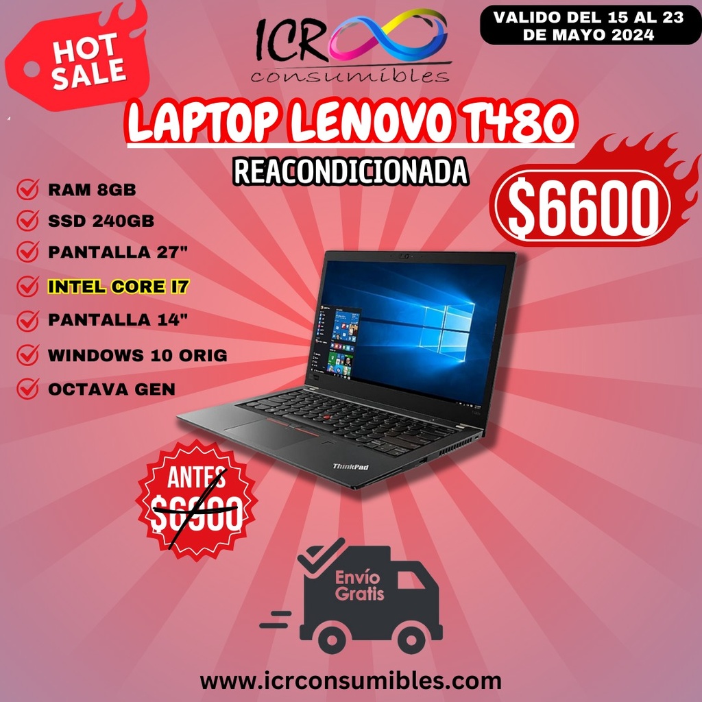 Laptop Lenovo T480 reacod corei7 SSD 240 Gb 8 Gb Ram