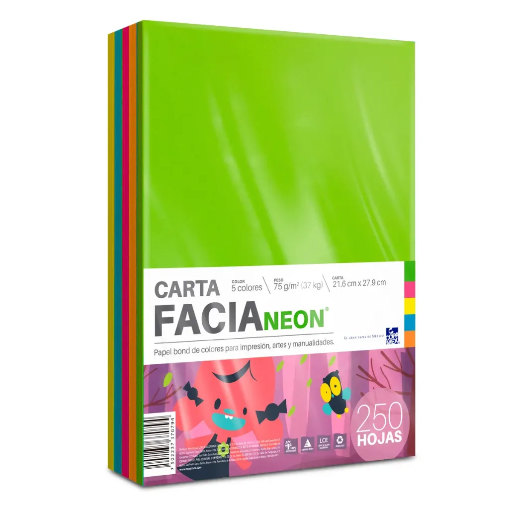 Paquete con 100 Hojas Facia Neon Color Amarillo Tamaño Carta 75g