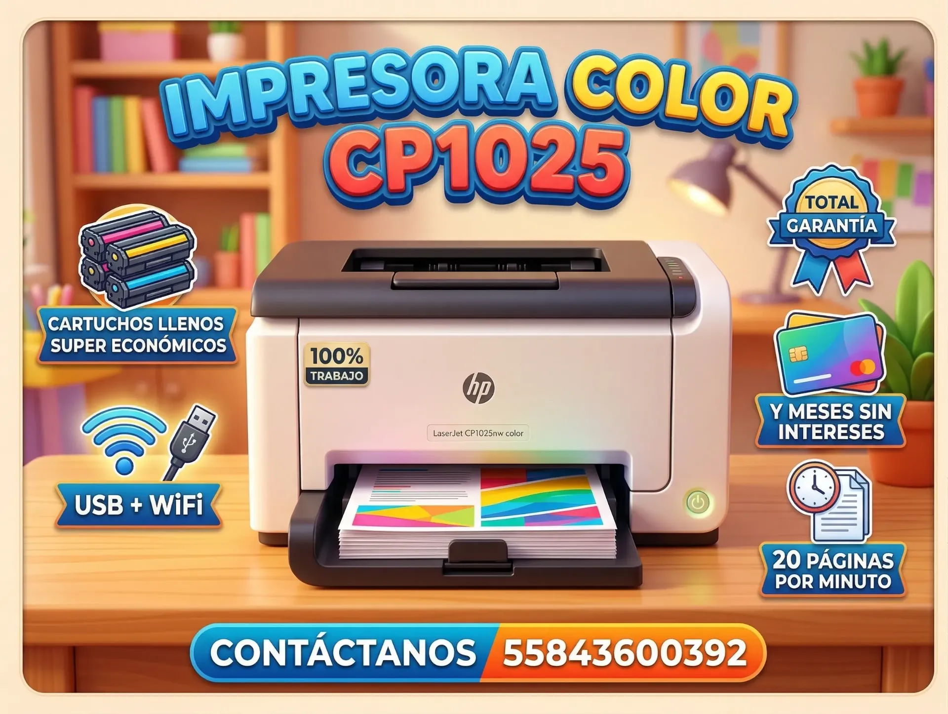 Impresora Color CP1025 cartuchos llenos super economicos, USB trabaja 100% 20 paginas por minuto