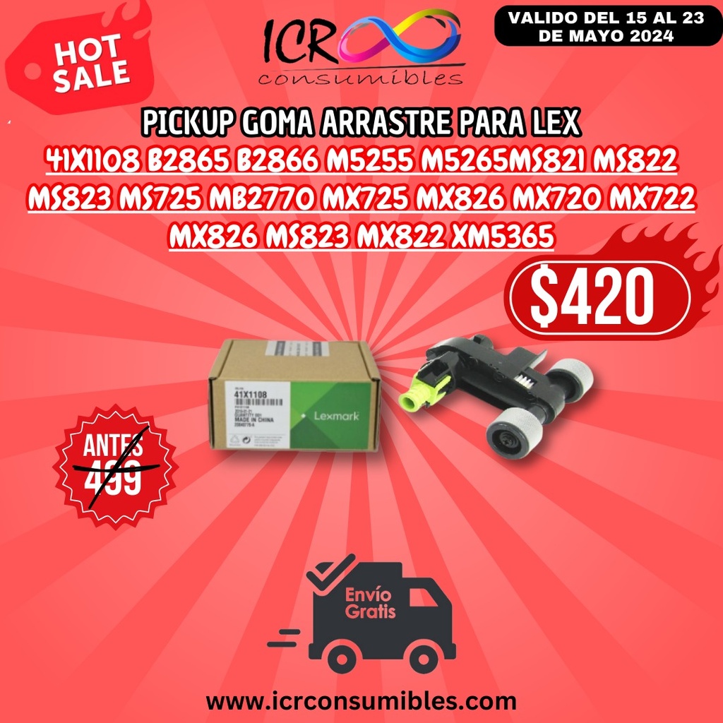 Pickup goma arrastre para Lexmark 41x1108 b2865 b2866 m5255 m5265ms821 ms822 ms823 ms725 mb2770 mx725 mx826 mx720 mx722 mx826 ms823 mx822 xm5365