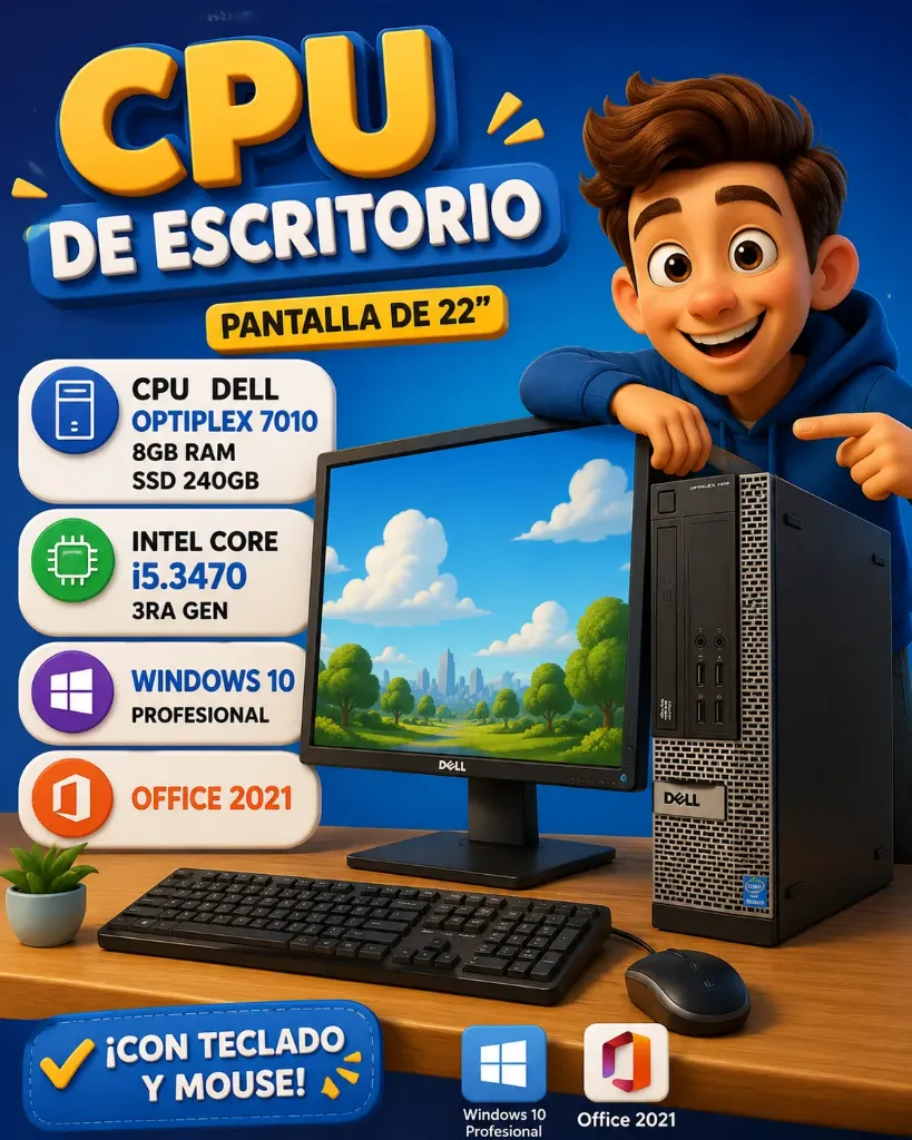 Computadora completa reacondicionada con CPU de escritorio pantalla de 22" Dell optiplex 7010 8gb ram ssd 240gb, intel core i5.3470  3ra gen, windows 10 profesional, office 2021, con teclado y mouse envio gratis