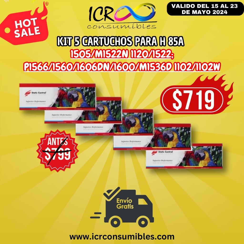 Kit 5 artuchos para hp 85a static control envio gratis