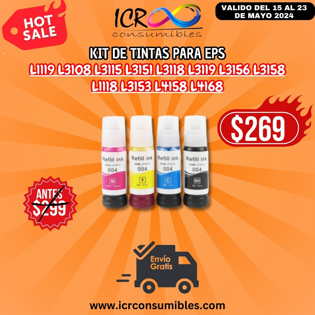 Kit 4 tintas para epson L1110 L3110 L3150 L3100 L3116 L3117 L3108 L3156 L5190 L3150 L3118 L3165