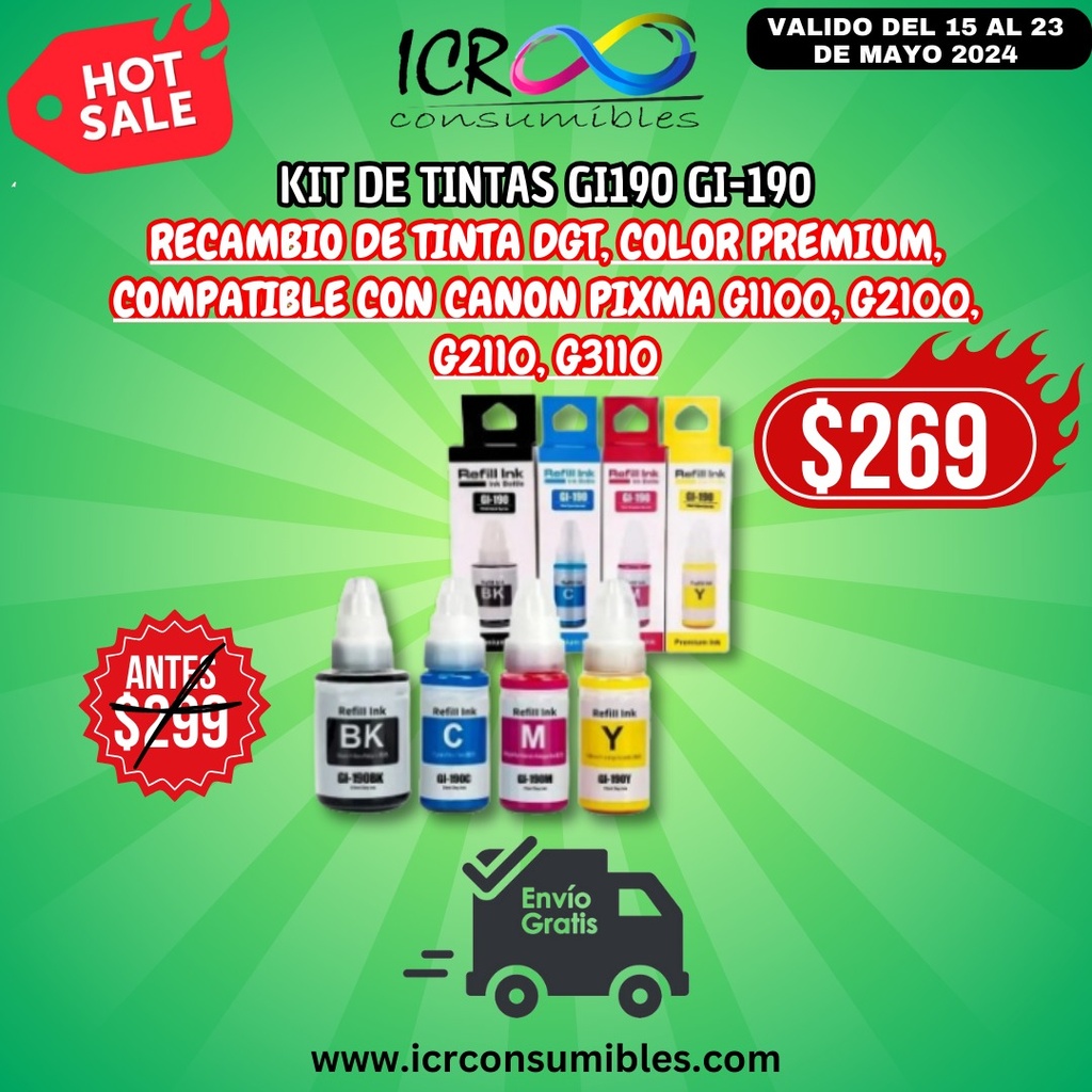 Kit 4 tintas para Can Gi190 gi-190 g1100 g2100 g2110 g3110  GI-190 PIXMA G1100 G1110 G2100 G2110 G3100 G3102 G3110 G3111 G4100 G4110 G4111