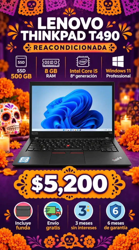 Laptop Lenovo Thinkpad T490 Reacondicionada ssd 256gb + 8gb ram Windows 11 professional Intel core i5 Octava Generacion Incluye Funda, envio gratis 3 meses sin Intereses 6 meses de Garantia