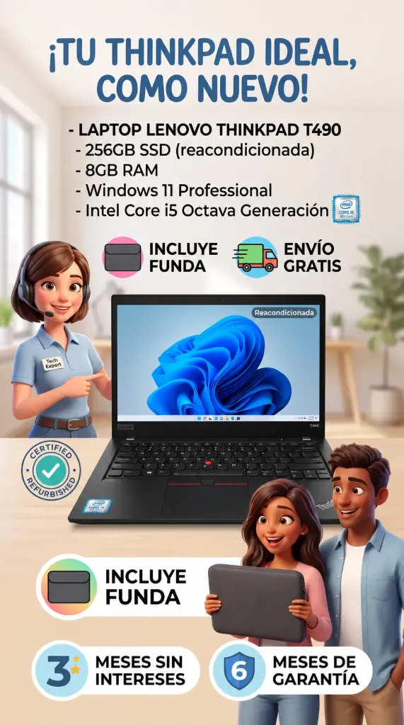 Laptop Lenovo Thinkpad T490 Reacondicionada ssd 256gb + 8gb ram Windows 11 professional Intel core i5 Octava Generacion Incluye Funda, envio gratis 3 meses sin Intereses 6 meses de Garantia