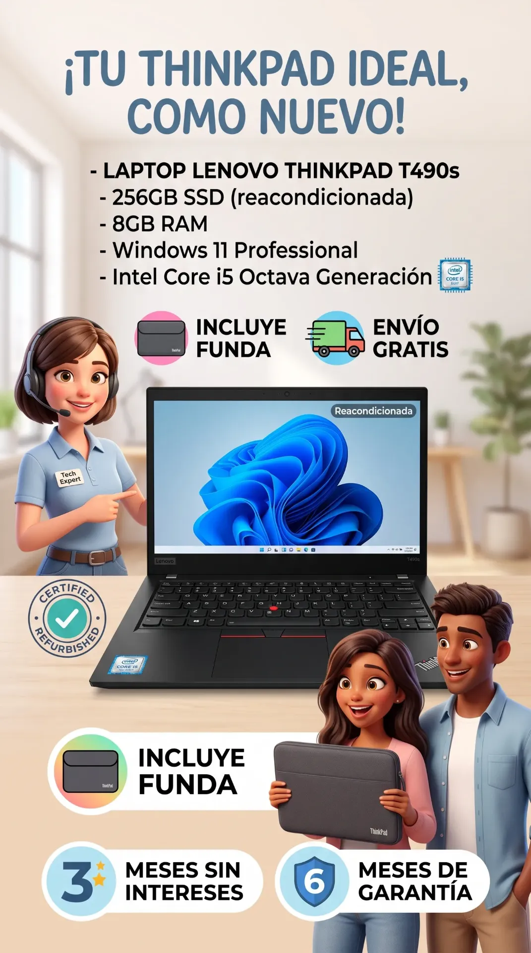 Laptop Lenovo Thinkpad T490s 256Gb Reacondicionada ssd + 8gb ram Windows 11 professional Intel core i5 Octava Generacion Incluye Funda, envio gratis 3 meses sin Intereses 6 meses de Garantia