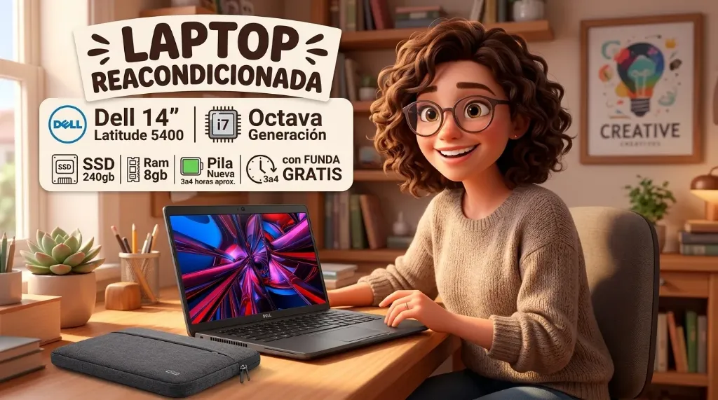 Laptop reacondicionada Dell 14" Latitude 5400 core i7 Octava Generacion SSD 240gb Ram 8gb Pila Nueva 3a4 horas aprox. con funda Gratis
