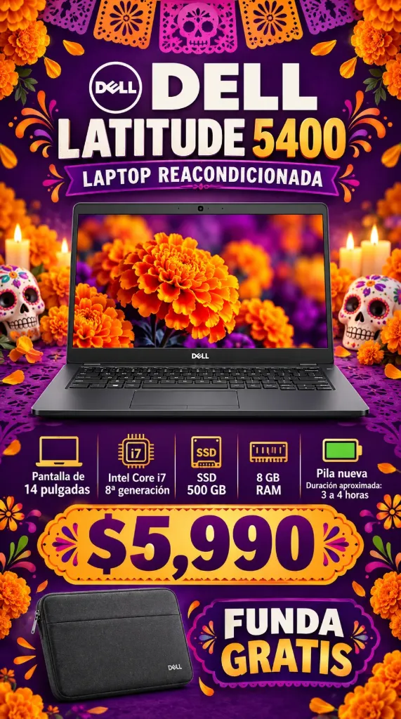 Laptop reacondicionada Dell 14" Latitude 5400 core i7 Octava Generacion SSD 240gb Ram 8gb Pila Nueva 3a4 horas aprox. con funda Gratis