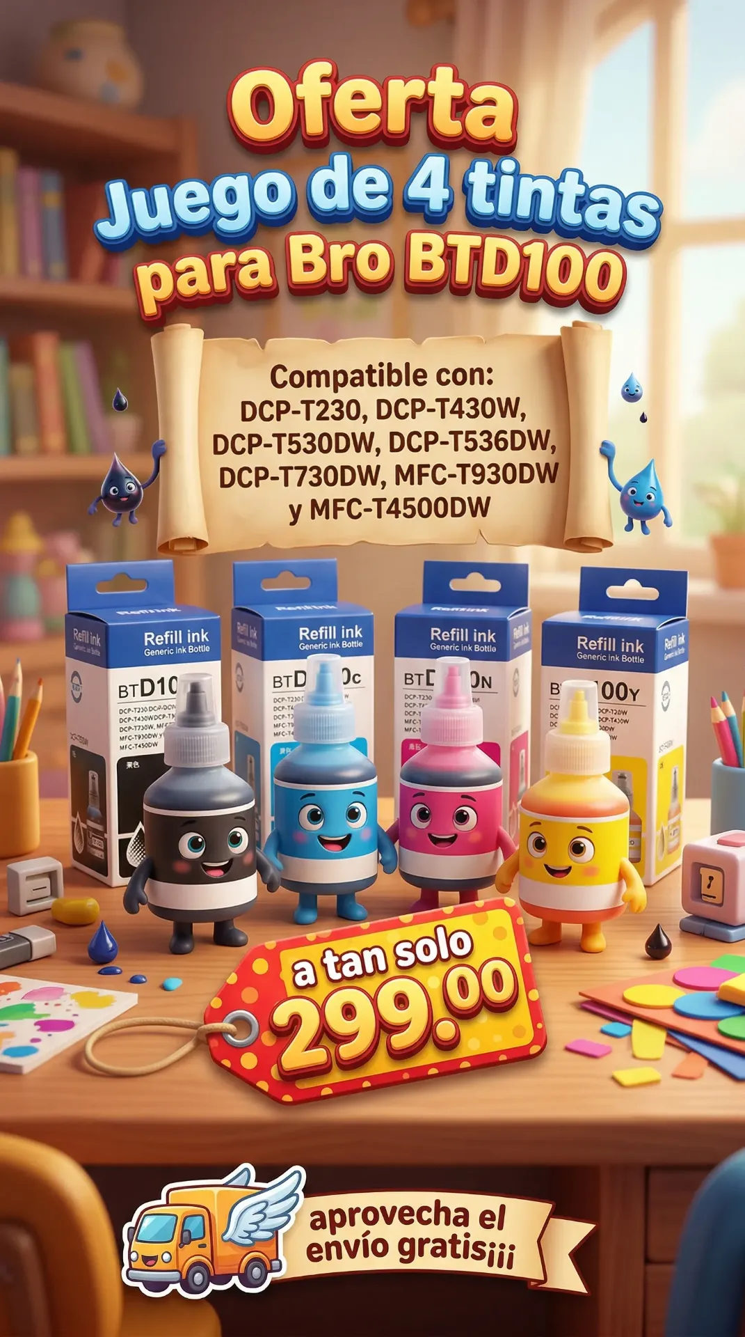 Kit tintas compatible con Bro btd100 DCP-T230 DCP-T236 DCP-T430W DCP-T436W DCP-T530DW DCP-T536DW DCP-T730DW DCP-T830DW MFC-T930DW T230 T236 T430W T436W T530DW T536DW T730DW T830DW T930DW MFC-T4500DW ENVIO GRATIS