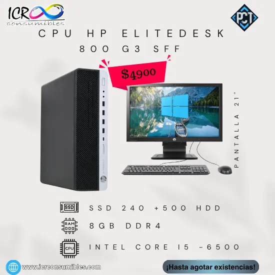 CPU HP 800 G3 SFF Intel Core i5 - 6500 8gb ssd 240+ 500 gb  pantalla 21" Teclado y mouse