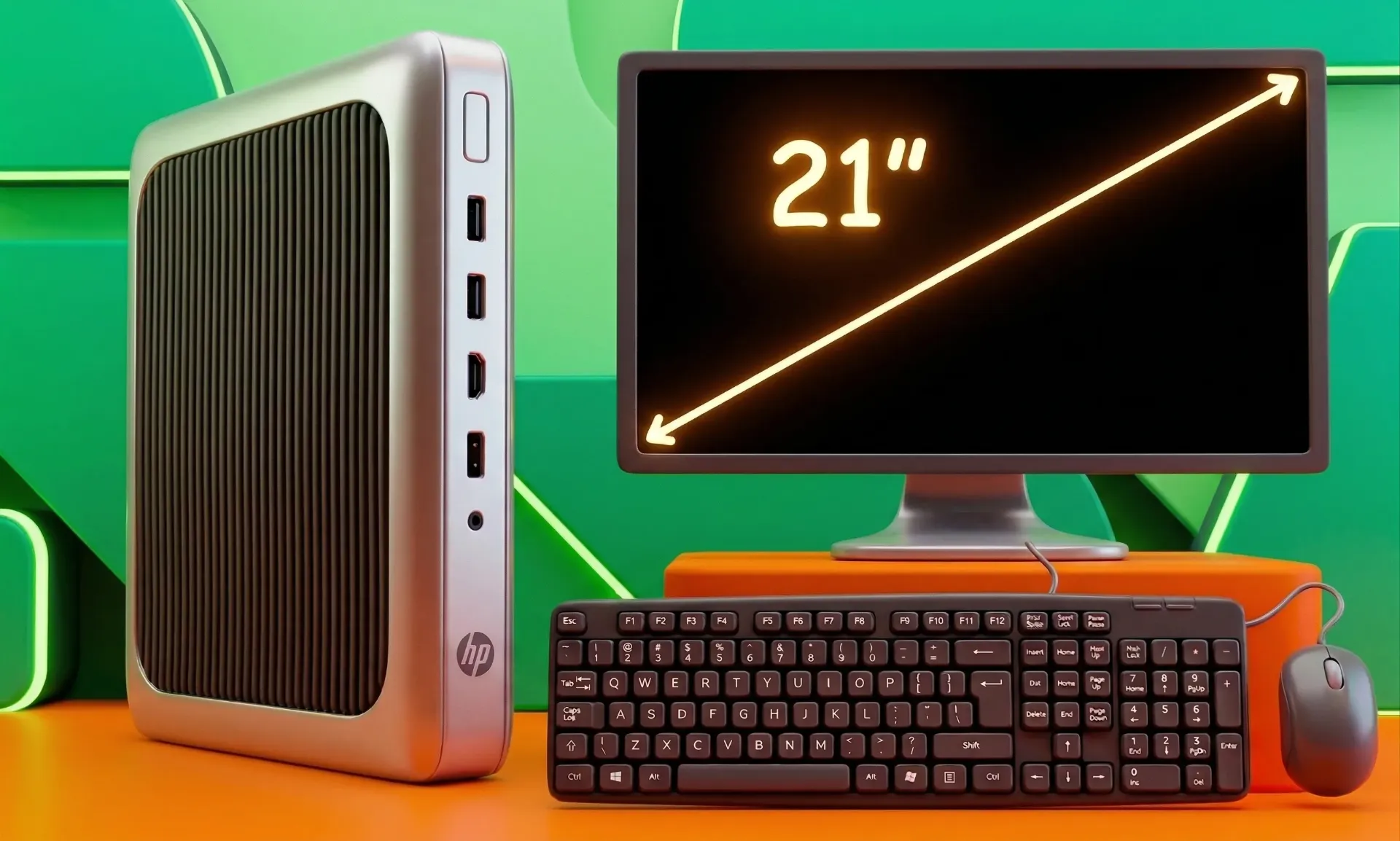 Kit Mini CPU HP T630 SSD 120gb Ram 8 gb DDR4 AMD Radeon Gx-420G con pantalla de 22", teclado y mouse.