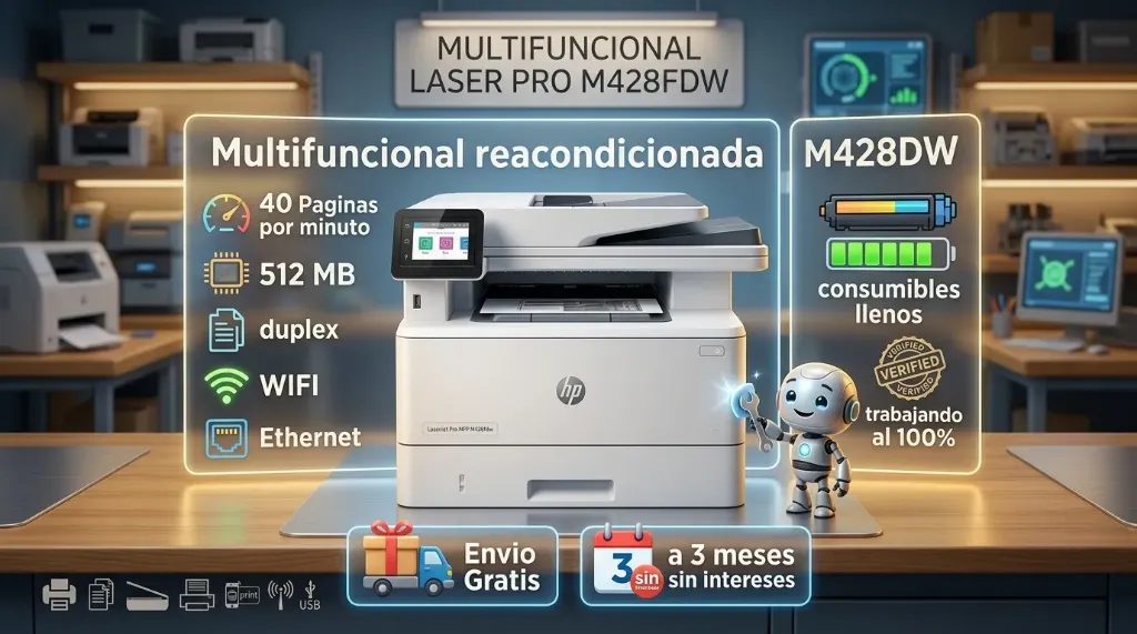 Multifuncional reacondicionada m428dw 40 Paginas por minuto 512 MB duplex WIFI Ethernet consumibles llenos trabajando al 100% Envio Gratis, a 3 meses sin intereses Promocion de 3990.00 a 3300.00