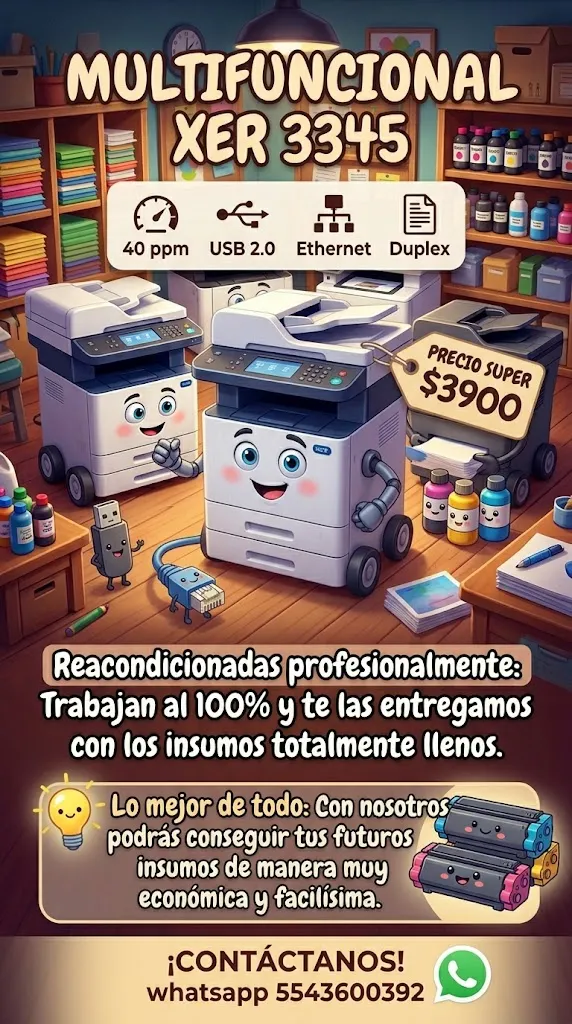 Multifuncional reacondicionada Xer 3345 Velocidad de impresión de hasta 40 ppm  Conectividad: Wi-Fi Ethernet Duplex, oficio por ADF Consumibles llenos Garantia 3 meses ENVIO GRATIS