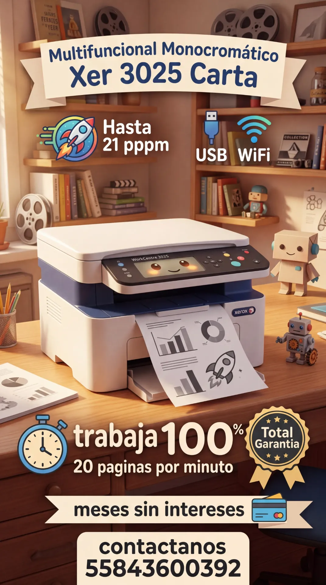 Multifuncional Monocromático Xer 3025  Carta Hasta 21 pppm, USB Wifi