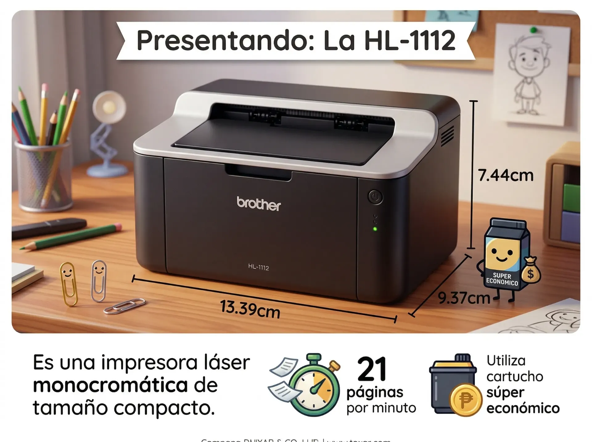 Impresora reacondicionada HL-1112, destacando su tamaño compacto, su velocidad de 21 páginas por minuto y su cartucho súper económico