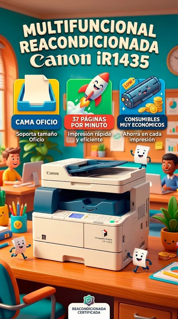 Multifuncional reacondicionada Can ir1435 Fotocopiadora E impresora Copia tamaño Carta, oficio, y legal desde el cristal tiene ampliación y reducción dúplex automático alimentador de originales 37 paginas por minuto