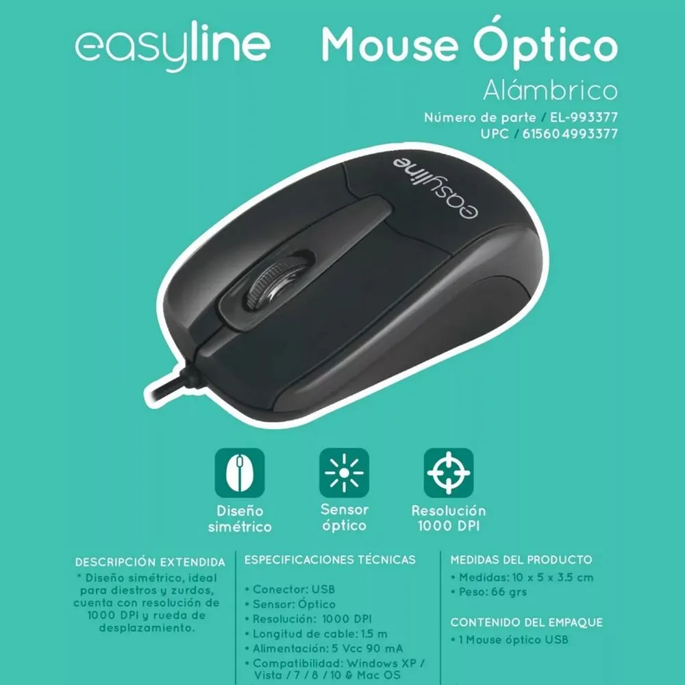 MOUSE OPTICO ALAMBRICO USB EASY LINE PERFECT CHOICE EL-993377