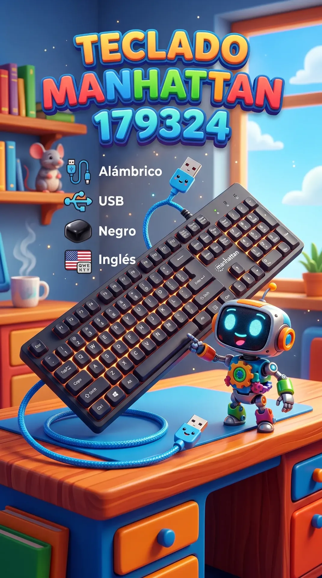 Teclado Manhattan 179324, Alámbrico, USB, Negro, Inglés