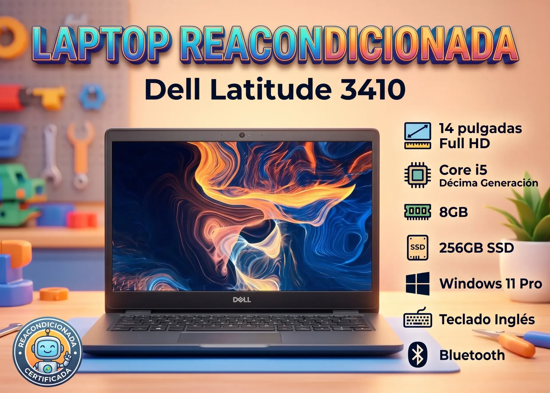Laptop reacondicionada dell Latitude 3410 14 pulgadas Full HD Core I5 Decima Generacion 8gb 256gb SSD Windows 11 Pro Teclado Ingles Bluetooth Meses sin Intereses