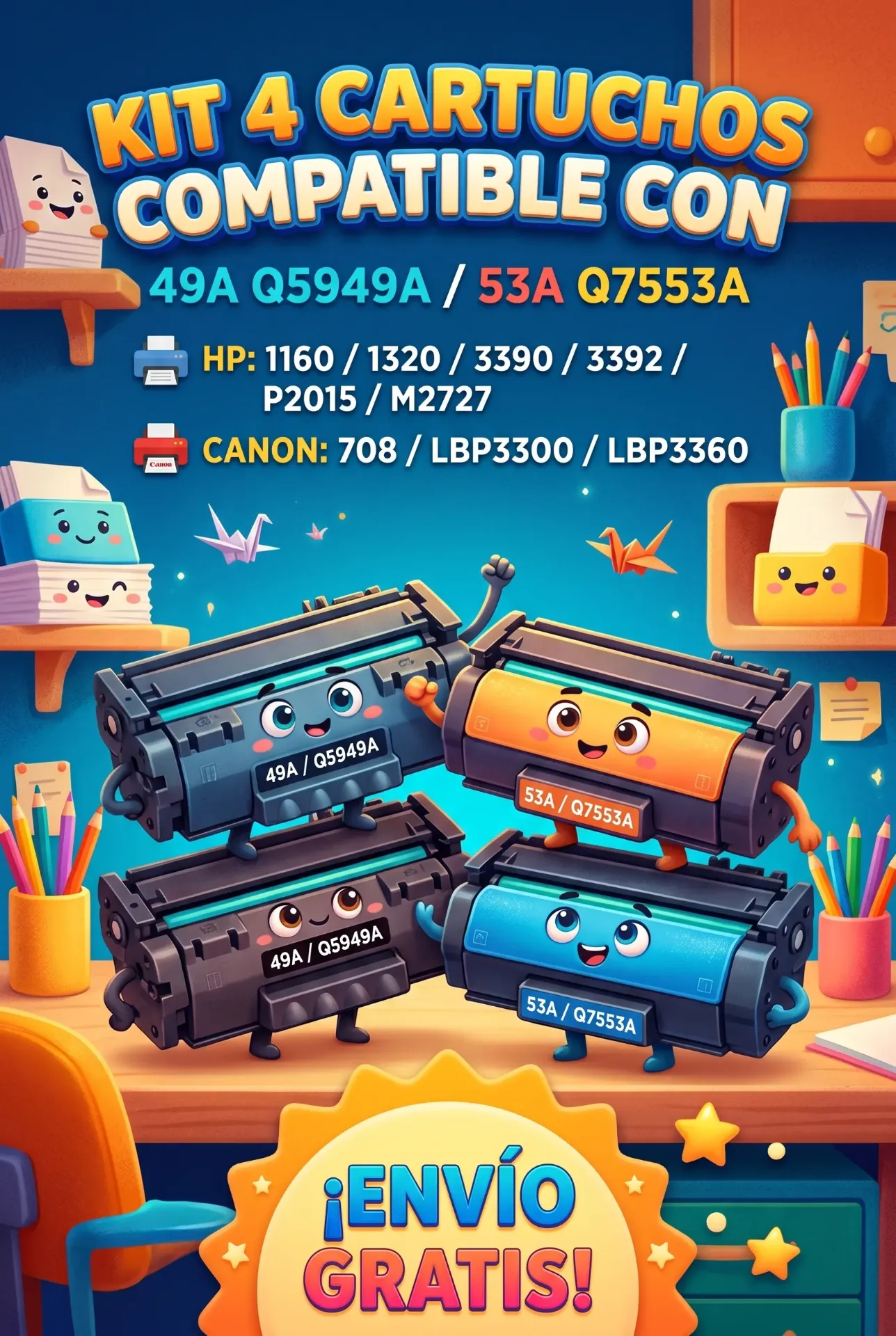 Kit 4 Cartuchos Compatible con 49A Q5949A 53A Q7553A  1160 1160 1320 3390 3392 can 708 lbp 3300 lbp3360 P2015 M2727 3390 3392 Envio gratis