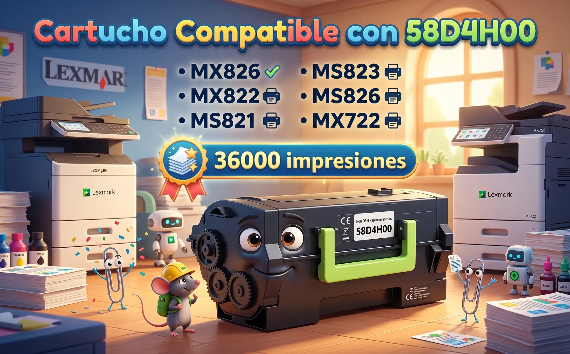 Cartucho Compatible con  58D4H00 MX826 MX822 MS821 MS823 MS826 MX722 36000 impresiones