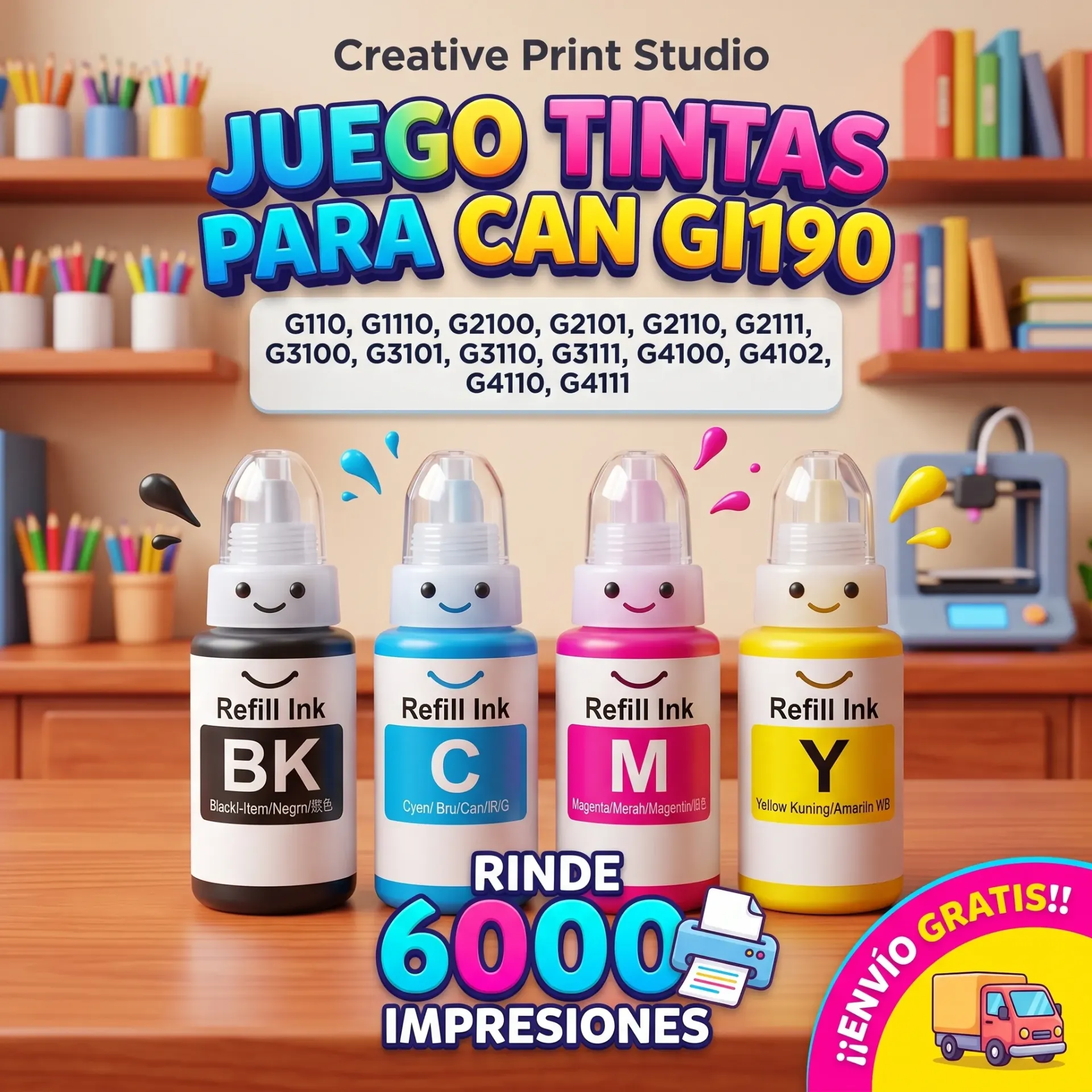 Juego tintas Compatibles con Can GI190 G110 G1110 G2100 G2101 G2110 G2111 G3100 G3101 G3110 G3111 G4100 G4102 G4110 G4111 rinde 6000 impresiones ENVIO GRATIS¡¡