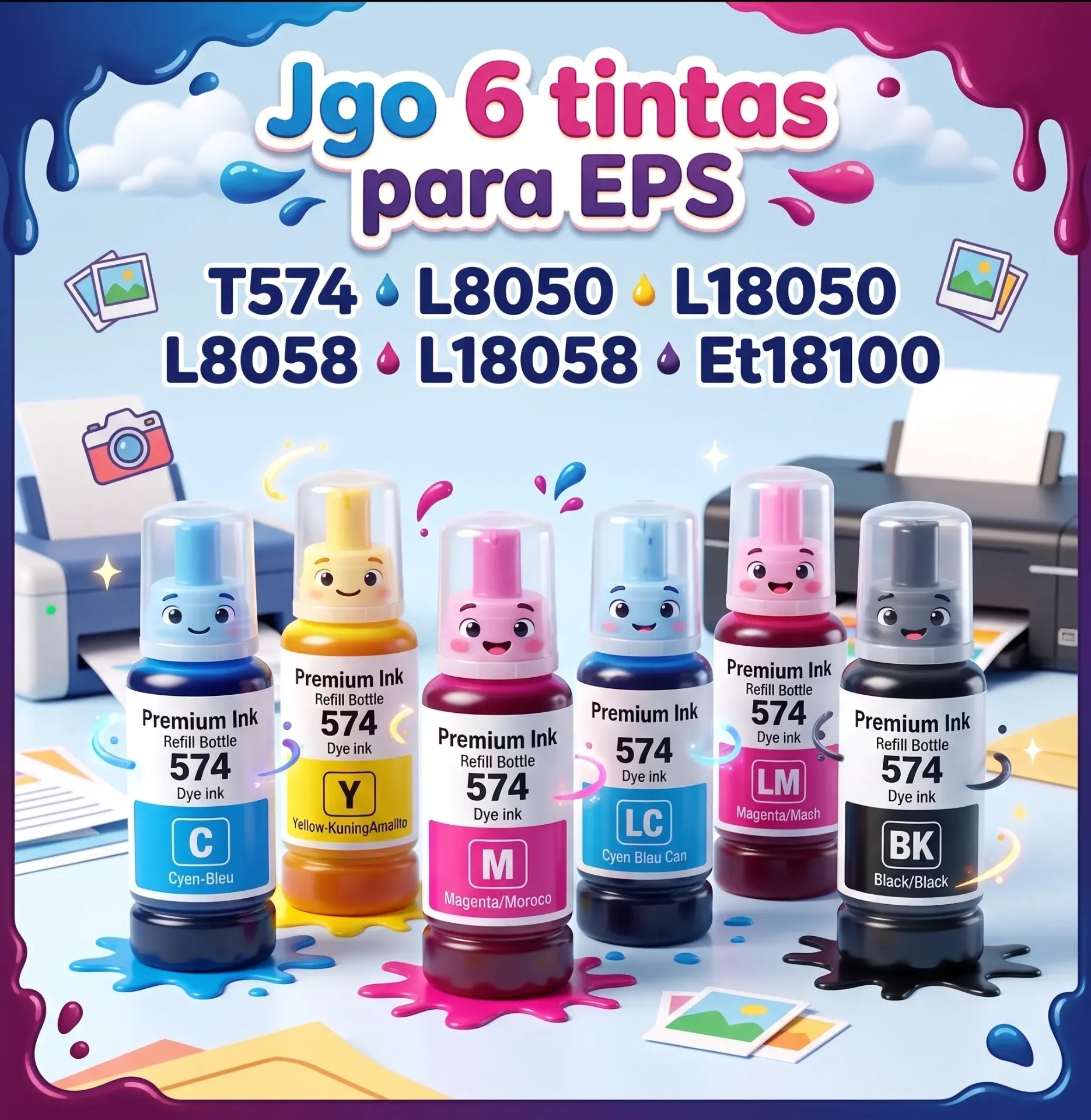 Jgo 6 tintas para Eps T574 L8050 L18050 L8058 L18058 Et18100
