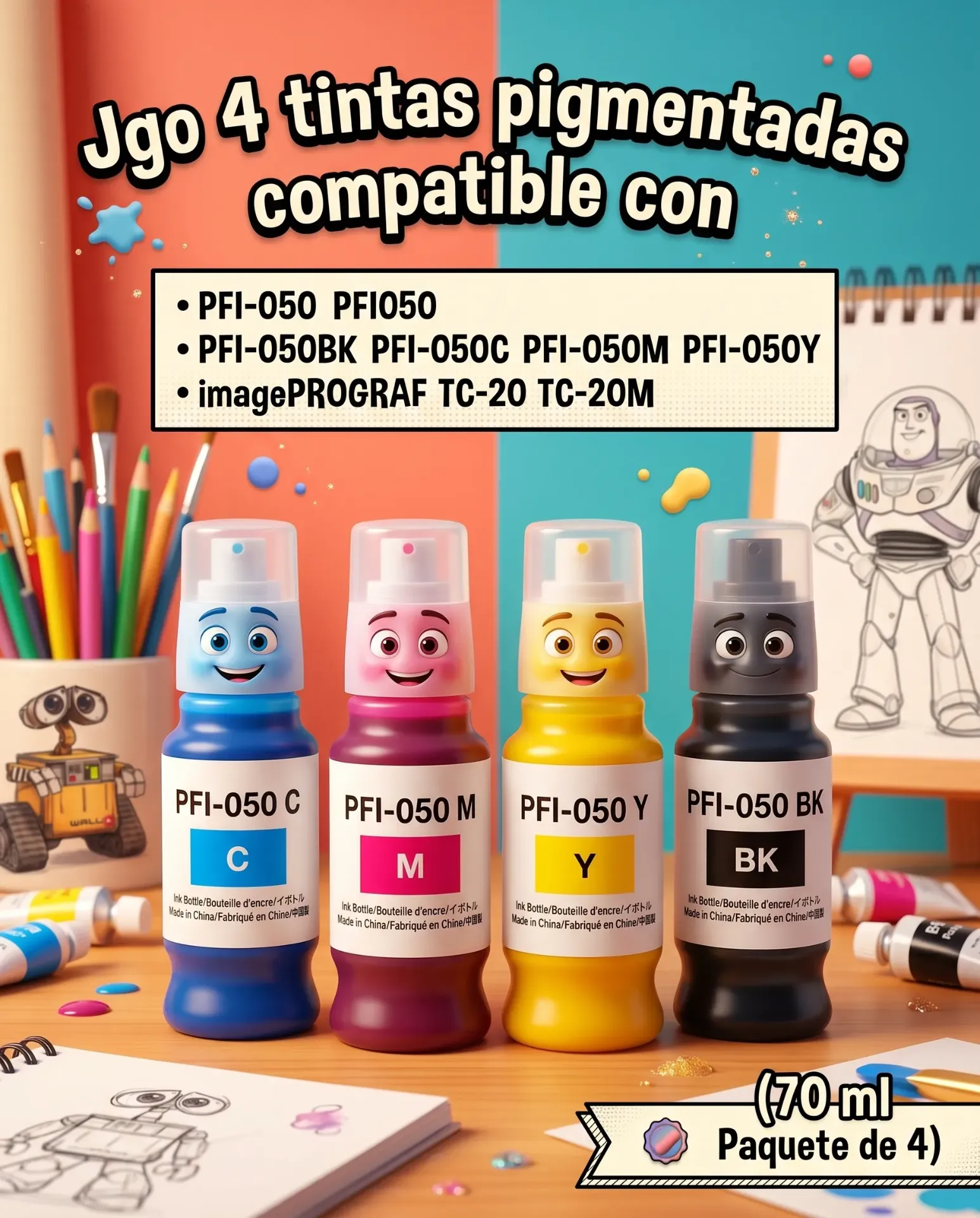 Jgo 4 tintas pigmentadas compatible con PFI-050 PFI050 PFI-050BK PFI-050C PFI-050M PFI-050Y imagePROGRAF TC-20 TC-20M (70 ml Paquete de 4)