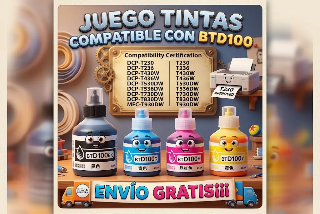 Juego tintas compatible con Btd100 DCP-T230 DCP-T236 DCP-T430W DCP-T436W DCP-T530DW DCP-T536DW DCP-T730DW DCP-T830DW MFC-T930DW T230 T236 T430W T436W T530DW T536DW T730DW T830DW T930DW Envio Gratis