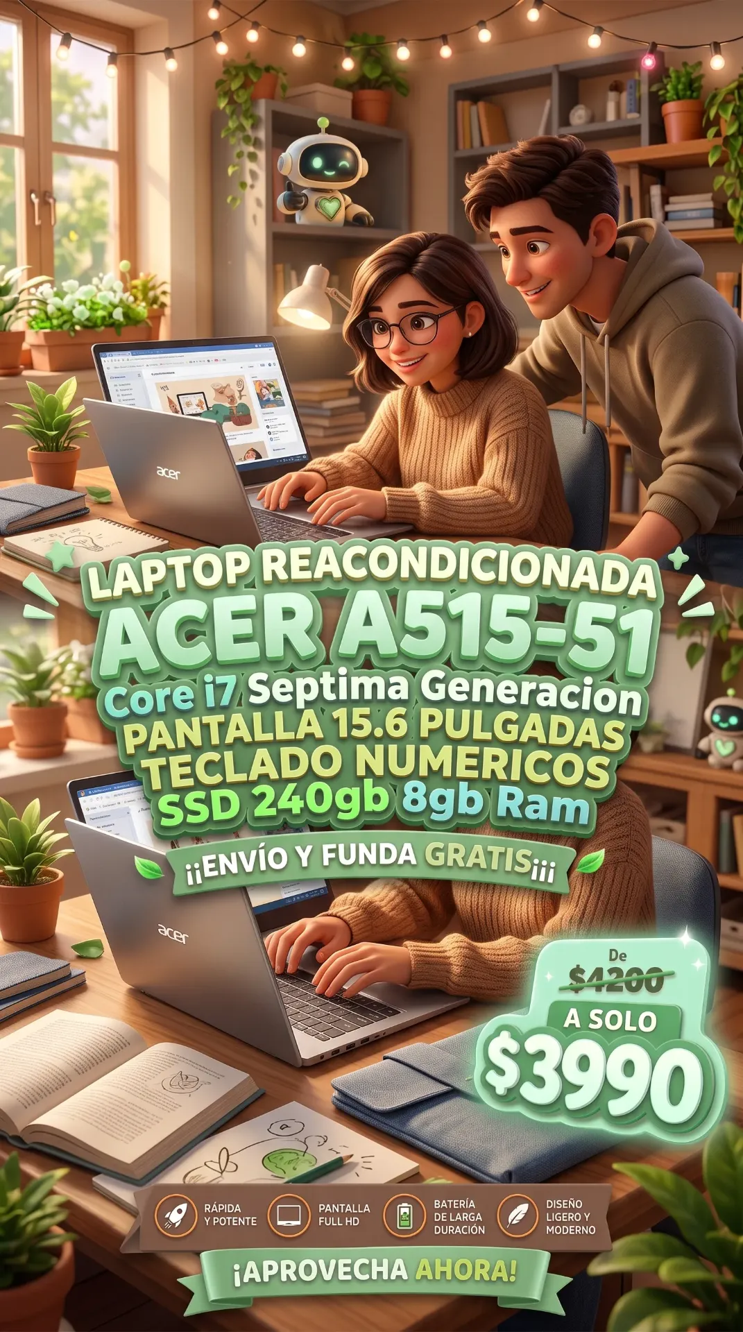 Laptop reacondicionada Acer A515-51 Core i7 Septima Generacion Pantalla 15.6 Pulgadas Teclado numerico SSD 240gb 8gb Ram Envio y funda Gratis¡¡