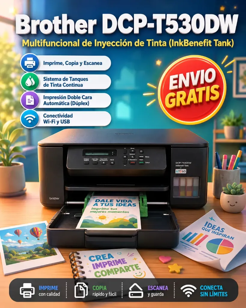 Multifuncional de Inyección de Tinta Brother DCP-T530DW (InkBenefit Tank), Imprime, Copia y Escanea, Sistema de Tanques de Tinta Continua, Impresión Doble Cara Automática (Dúplex), Conectividad Wi-Fi y USB, Color Negro DCPT530DW