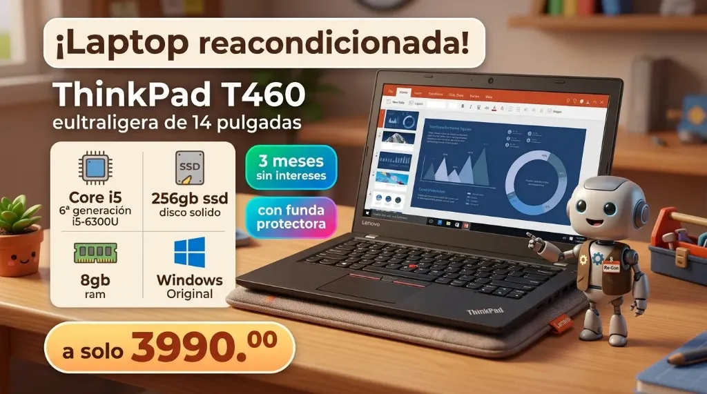 Laptop reacondicionada ThinkPad T460 eultraligera de 14 pulgadas Core i5 6ª generación i5-6300U 256gb ssd disco solido 8gb ram windows Original 3 meses sin intereses en este link de pago https://mpago.li/1JKSoGJ