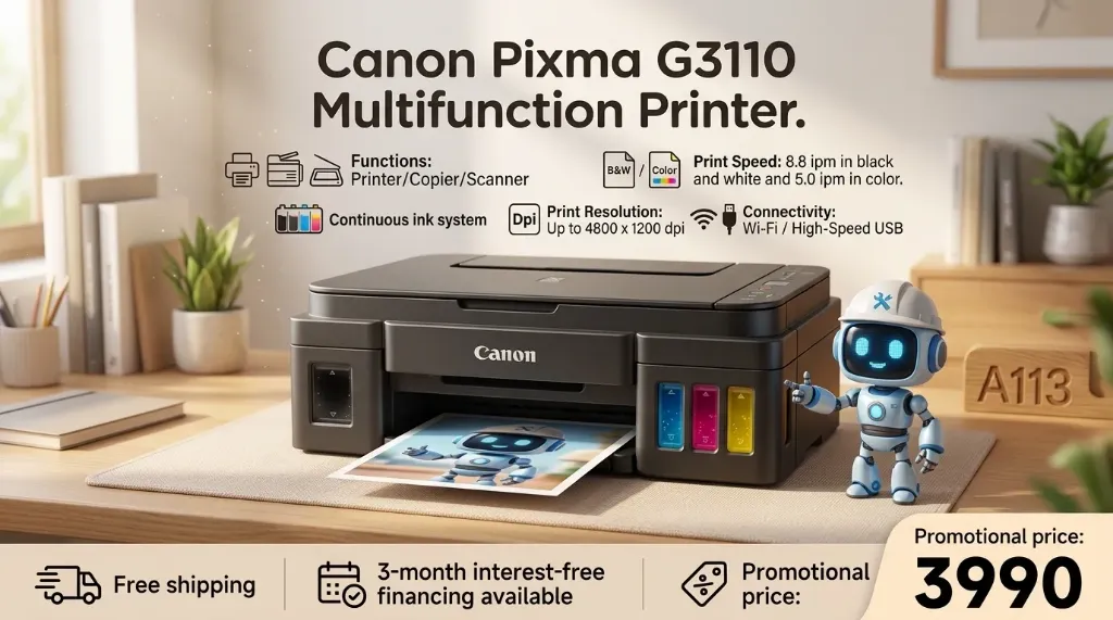 Multifuncional Canon Pixma G3110. Multifuncional de inyección deTinta Continua. Funciones: Impresora/Copiadora/Escáner Velocidad de Impresión: 8.8 imágenes por minuto (ipm) en B/N y 5.0 ipm en Color. Resolución de Impresión: Hasta 4800 x 1200 dpi. Conectividad: Wi-Fi / USB Alta Velocidad.