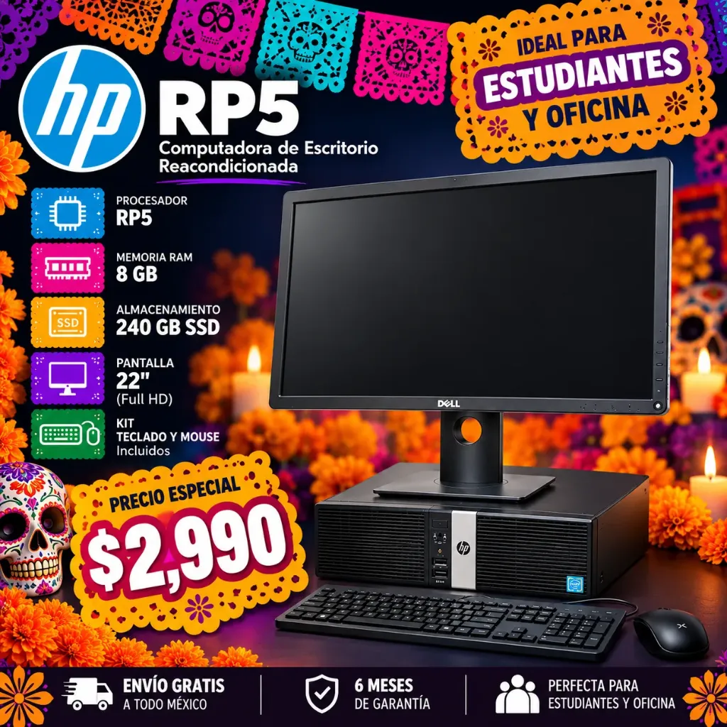 Computadora HP RP5 Reacondicionada | SSD 240 GB | 8 GB RAM | Monitor Dell 22" | Kit Teclado y Mouse USB | Ideal para Estudiantes y Oficina | Envío Gratis | 6 Meses de Garantía