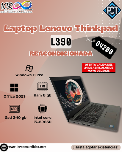 Laptop Reacondicionada Lenovo Thinkpad L390 Intel core i5-8265U SSD 240gb 8gb DDR4 Windows 11 Pro 