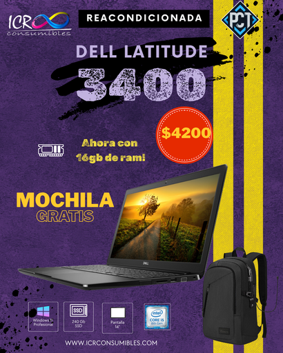 Laptop Dell Latitud 3400 reacondicionada SSD 240gb Ram 16gb pantalla 14´´ Intel Core i5 -8265U Windows 11 Profesional