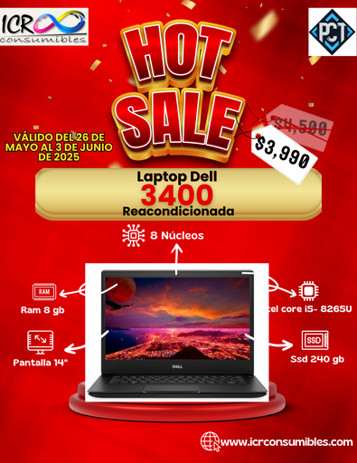 Laptop Dell Latitud 3400 reacondicionada SSD 240gb Ram 8gb pantalla 14´´ Intel Core i5 -8265U Windows 11 Profesional